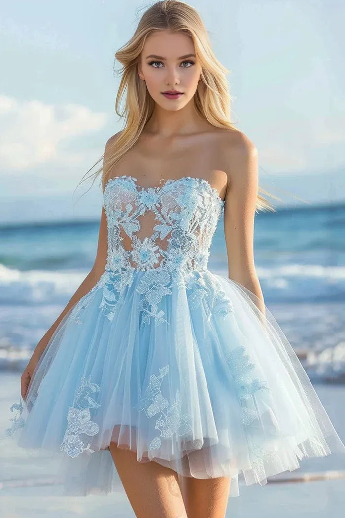 Weitese Dress Strapless Tulle Sky Blue Homecoming Dress Appliques Sleeveless Party Dress