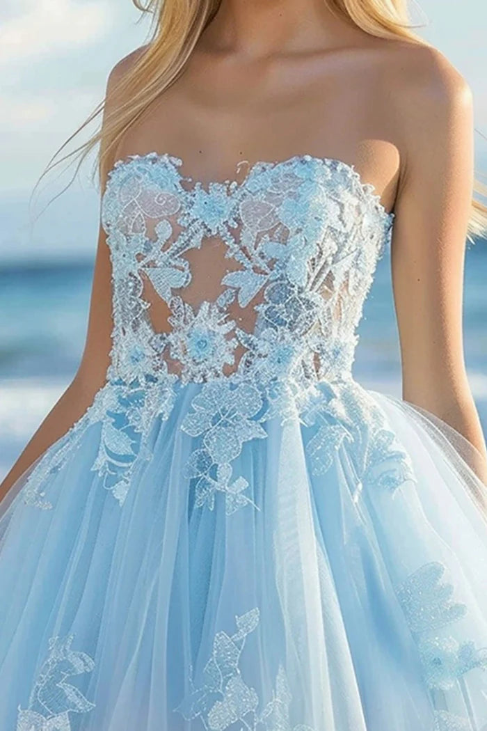Weitese Dress Strapless Tulle Sky Blue Homecoming Dress Appliques Sleeveless Party Dress