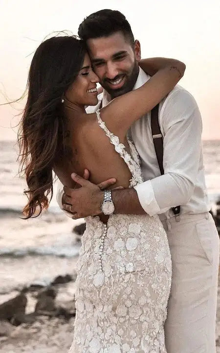 Weitese Dress Strapped V-neck Beach Sheath Mermaid Lace Deep-v Back Wedding Dress