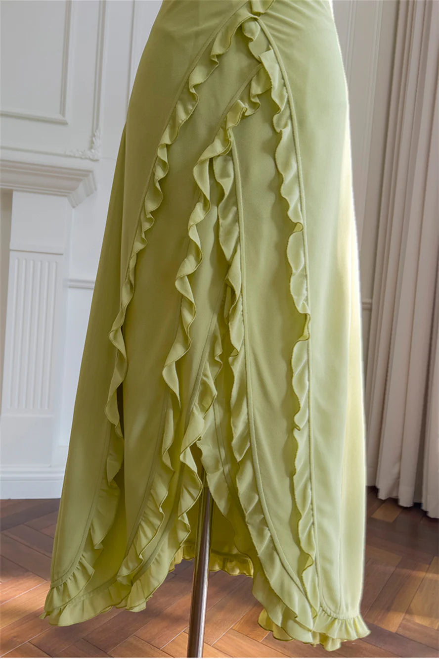 Weitese Dress Straps Green Sleeveless Irregular Ruffles Long Dress Prom Dress