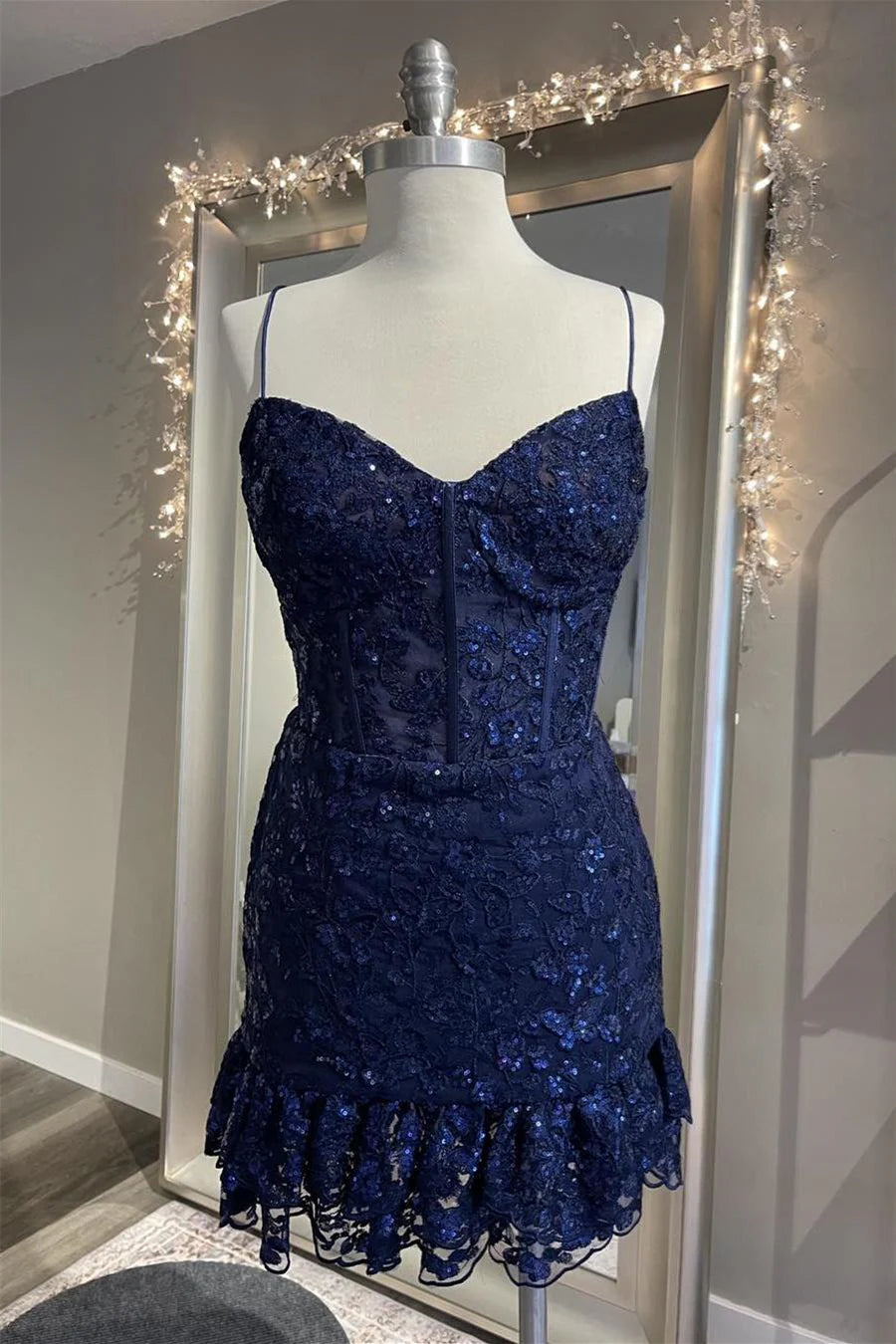 Weitese Dress Straps Navy Blue Appliques Ruffle Short Dress Homecoming Dress