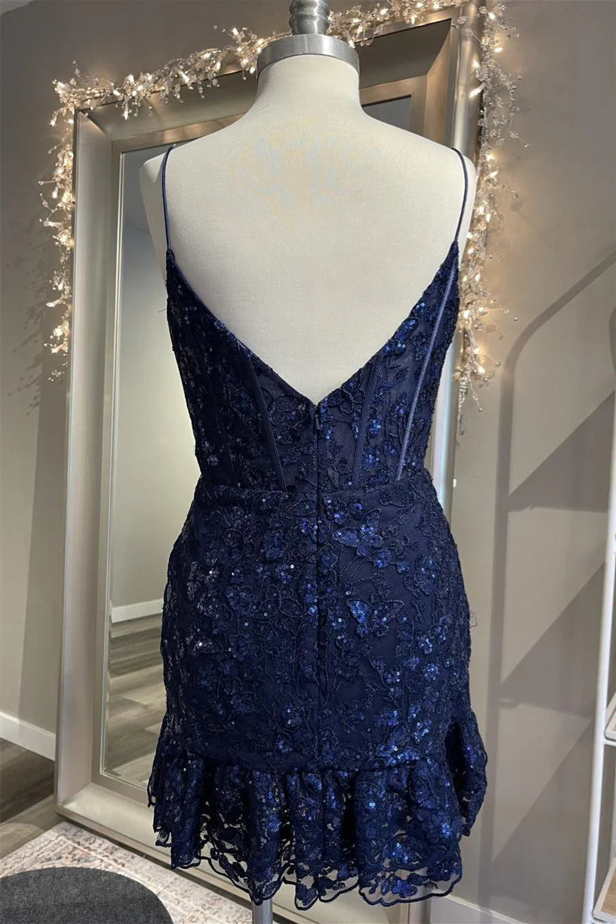 Weitese Dress Straps Navy Blue Appliques Ruffle Short Dress Homecoming Dress