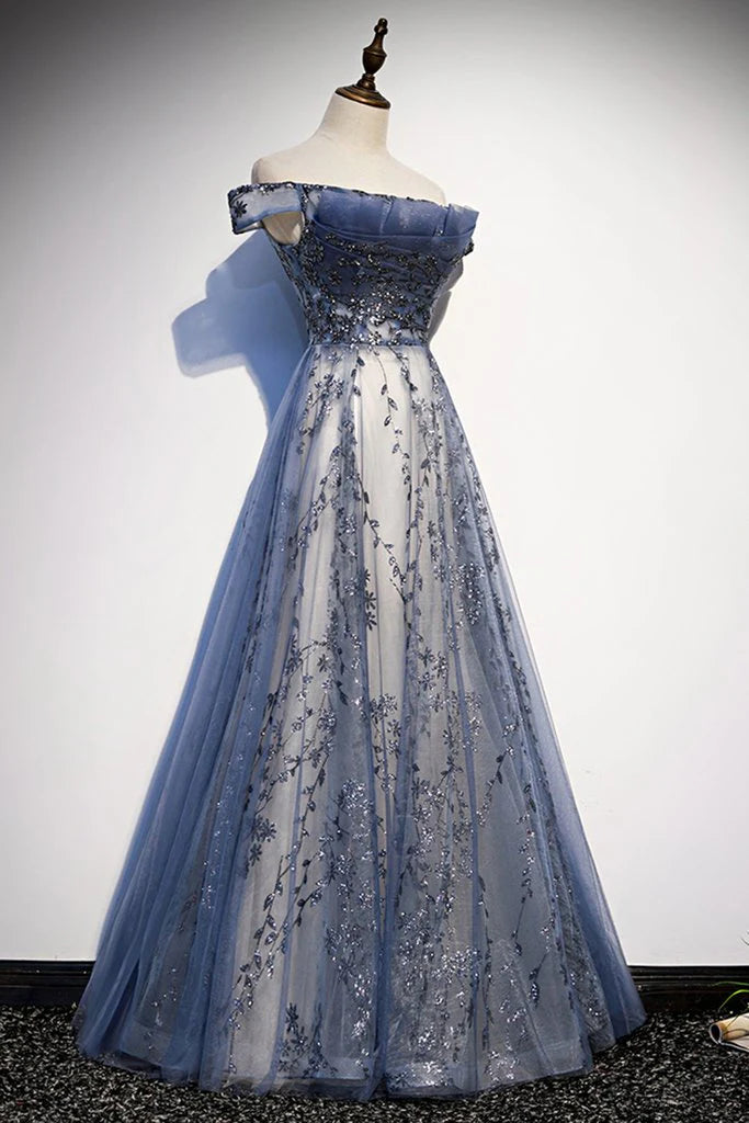 Robe Weitese Superbe robe de soirée longue en tulle bleu à épaules dénudées avec manches 