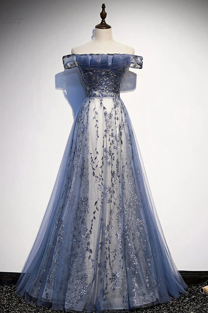 Robe Weitese Superbe robe de soirée longue en tulle bleu à épaules dénudées avec manches 