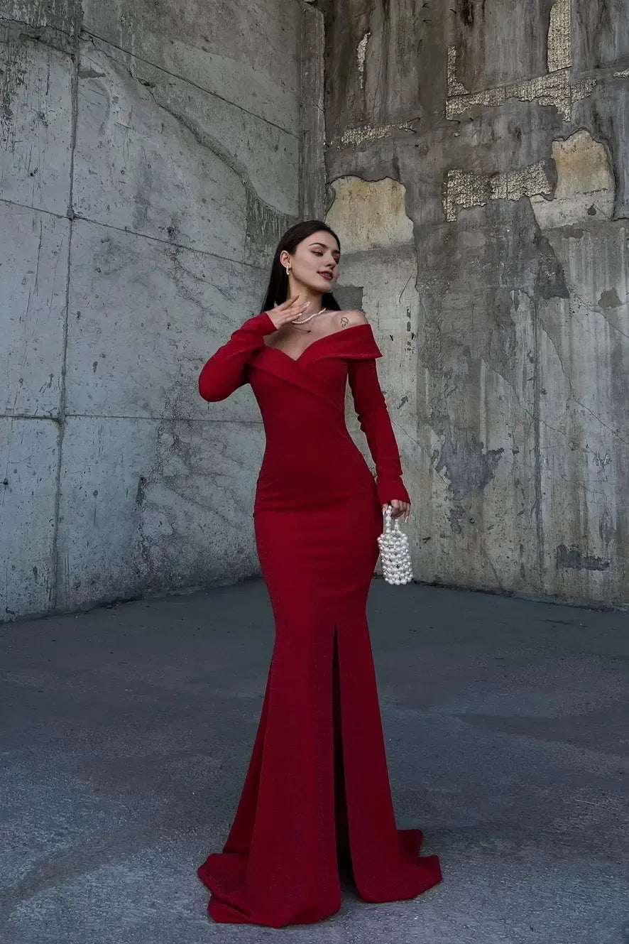 Weitese Dress Stunning Dark Green Strapless Long Sleeves Deep V Neck Mermaid Evening Dress with Split Prom Dress