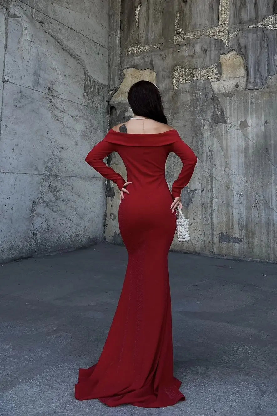 Weitese Dress Stunning Dark Green Strapless Long Sleeves Deep V Neck Mermaid Evening Dress with Split Prom Dress