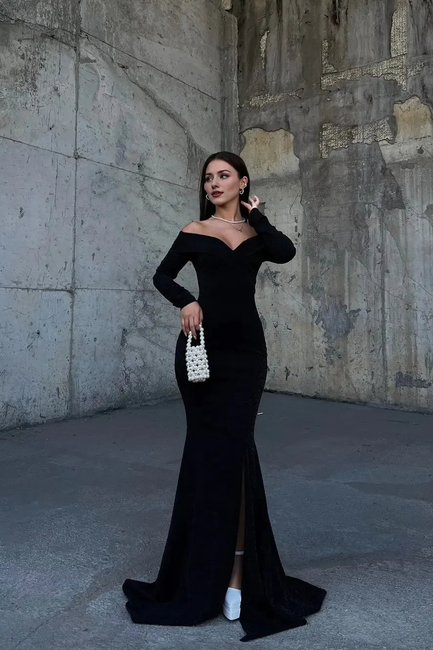 Weitese Dress Stunning Dark Green Strapless Long Sleeves Deep V Neck Mermaid Evening Dress with Split Prom Dress