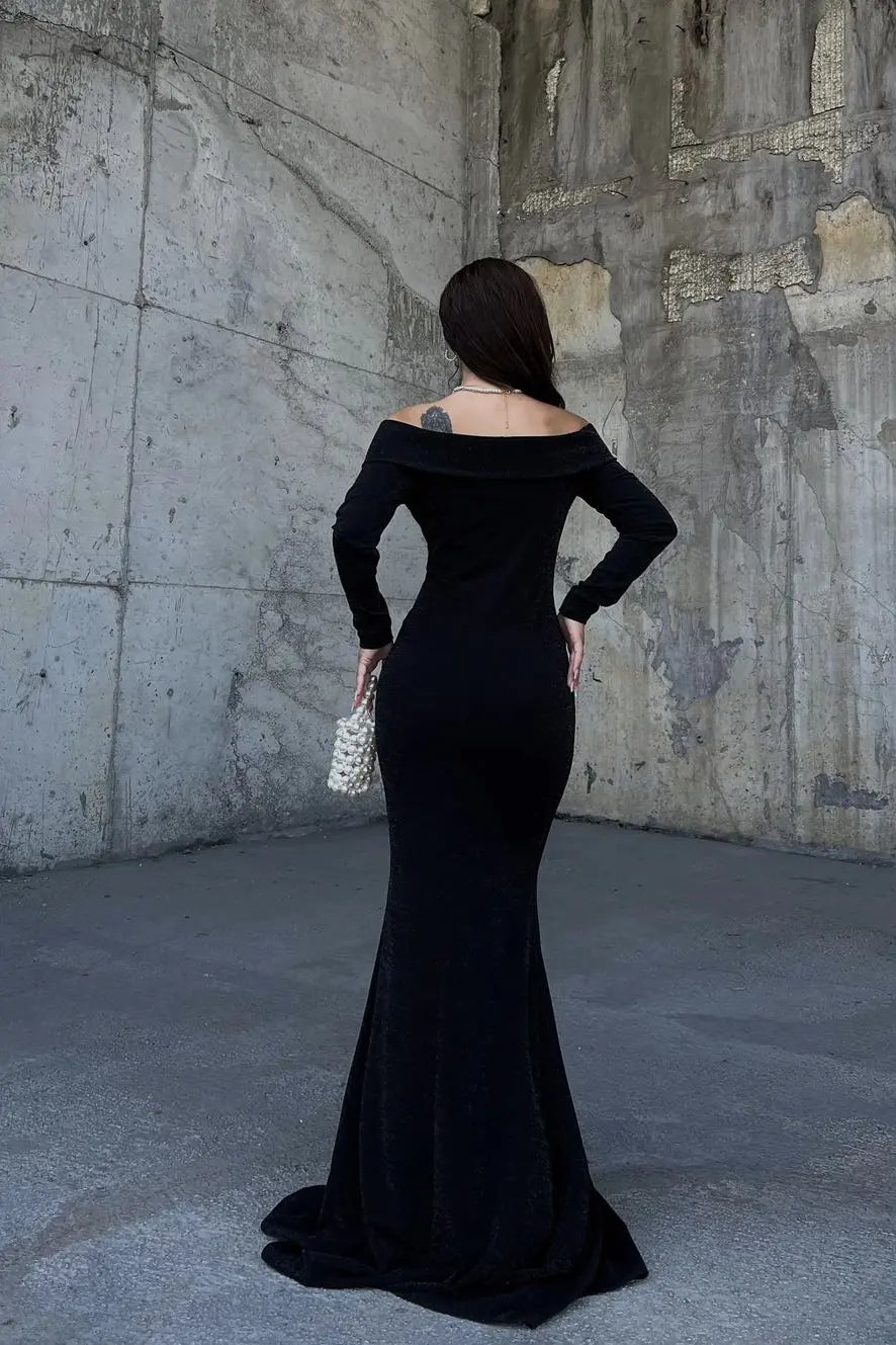 Weitese Dress Stunning Dark Green Strapless Long Sleeves Deep V Neck Mermaid Evening Dress with Split Prom Dress