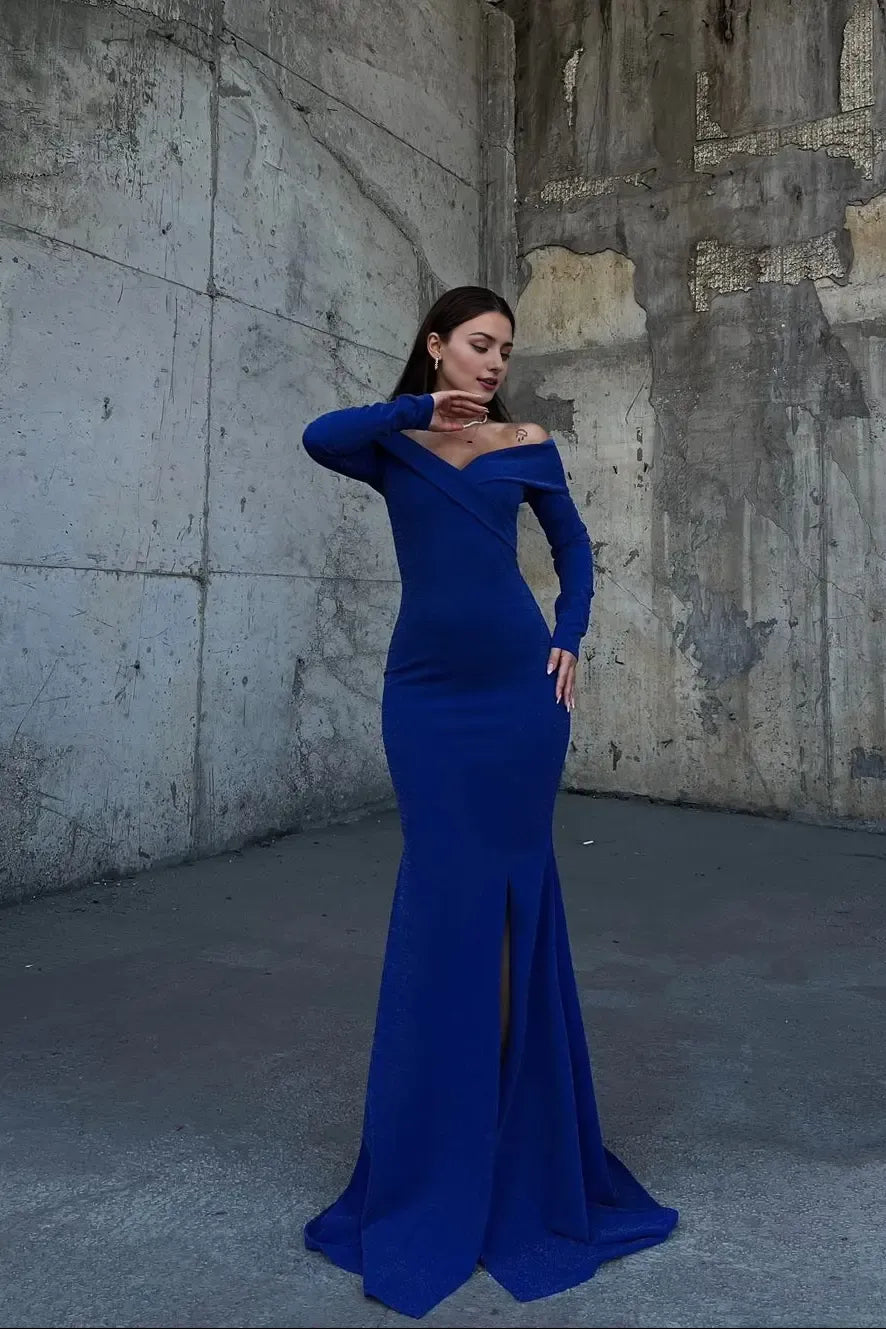 Weitese Dress Stunning Dark Green Strapless Long Sleeves Deep V Neck Mermaid Evening Dress with Split Prom Dress