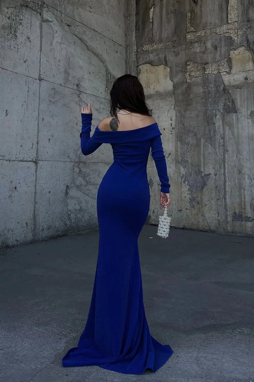 Weitese Dress Stunning Dark Green Strapless Long Sleeves Deep V Neck Mermaid Evening Dress with Split Prom Dress