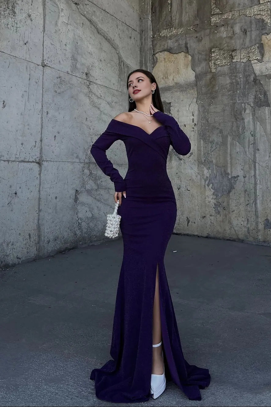 Weitese Dress Stunning Dark Green Strapless Long Sleeves Deep V Neck Mermaid Evening Dress with Split Prom Dress