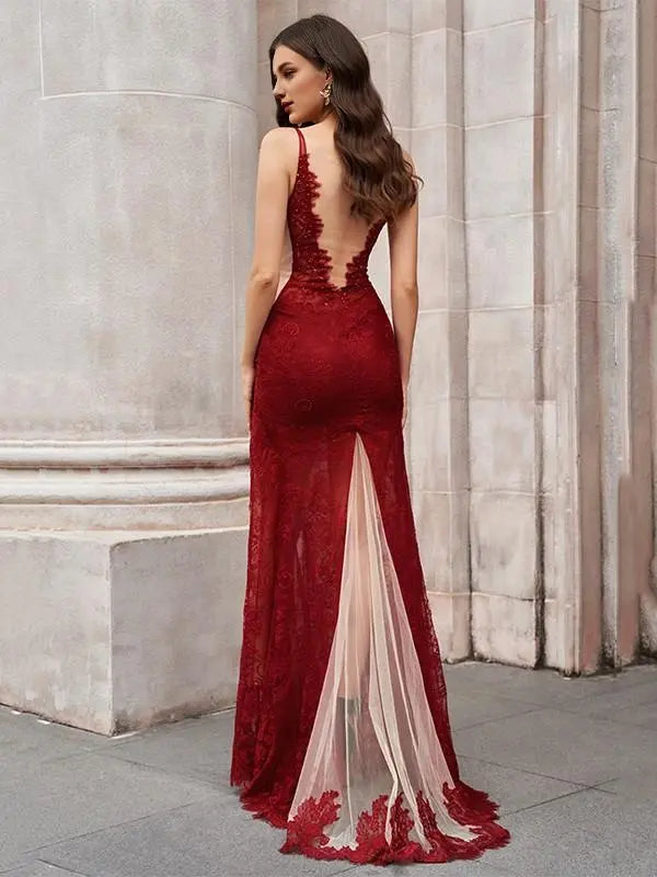 Robe Weitese Superbe robe longue rouge foncé à col en V sans manches en dentelle florale brodée fendue Robe de bal 