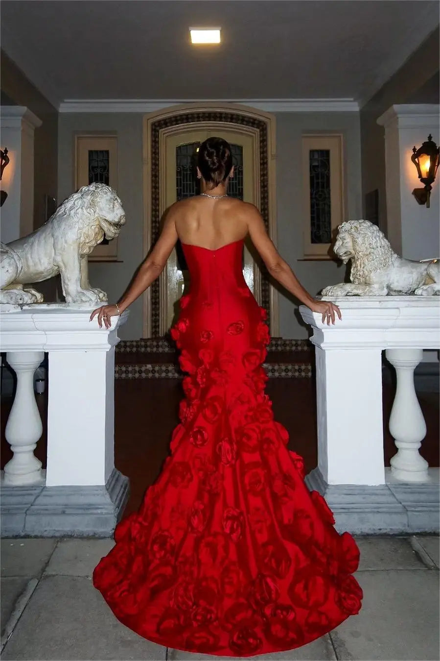 Weitese Dress Stunning Red Satin Sleeveless Strapless Maxi Dress Mermaid Prom Dress Wth Flower
