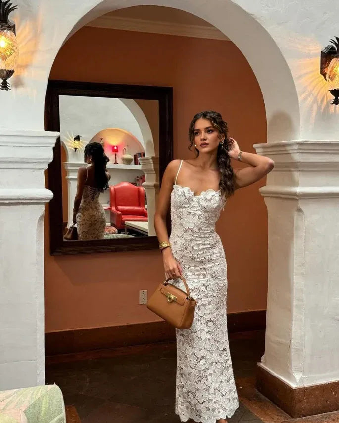 Weitese Dress Stunning Sheath Spaghetti Strap White Lace Long Prom Dress Evening Dress Party Dress