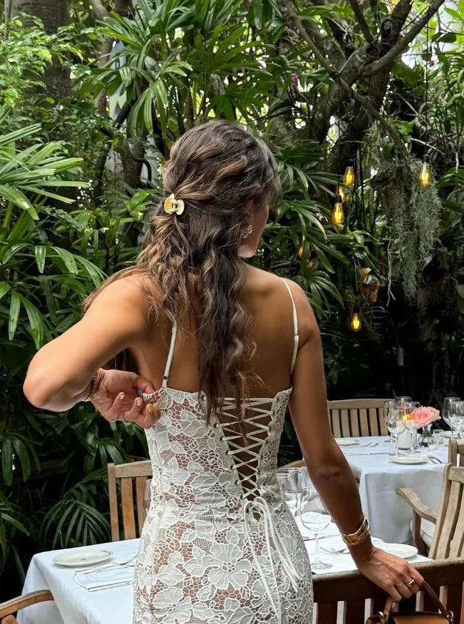 Weitese Dress Stunning Sheath Spaghetti Strap White Lace Long Prom Dress Evening Dress Party Dress