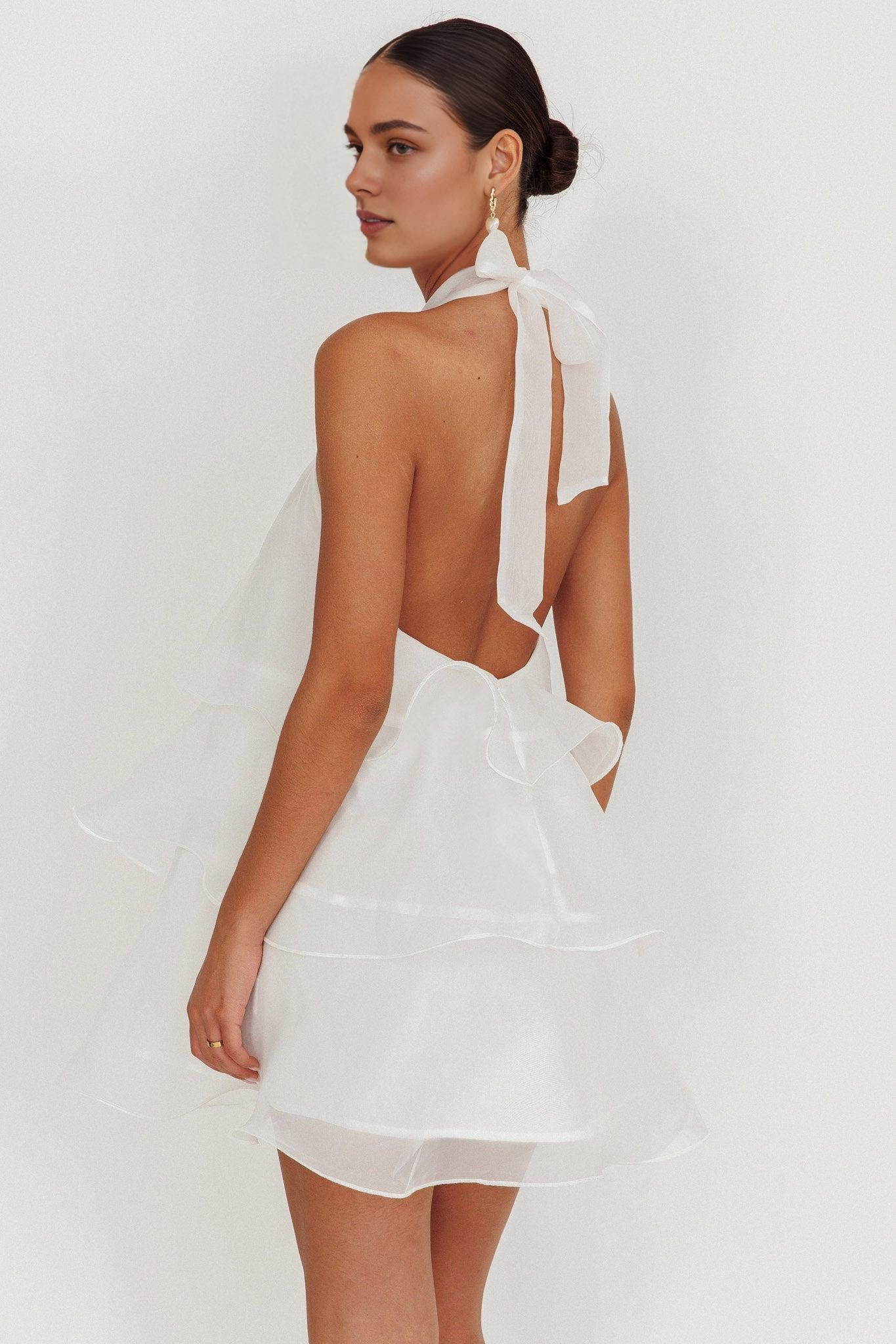 Weitese Dress Stunning Tiered Halterneck Mini Dress White Sleeveless Cold Shoulder Homecoming Dress