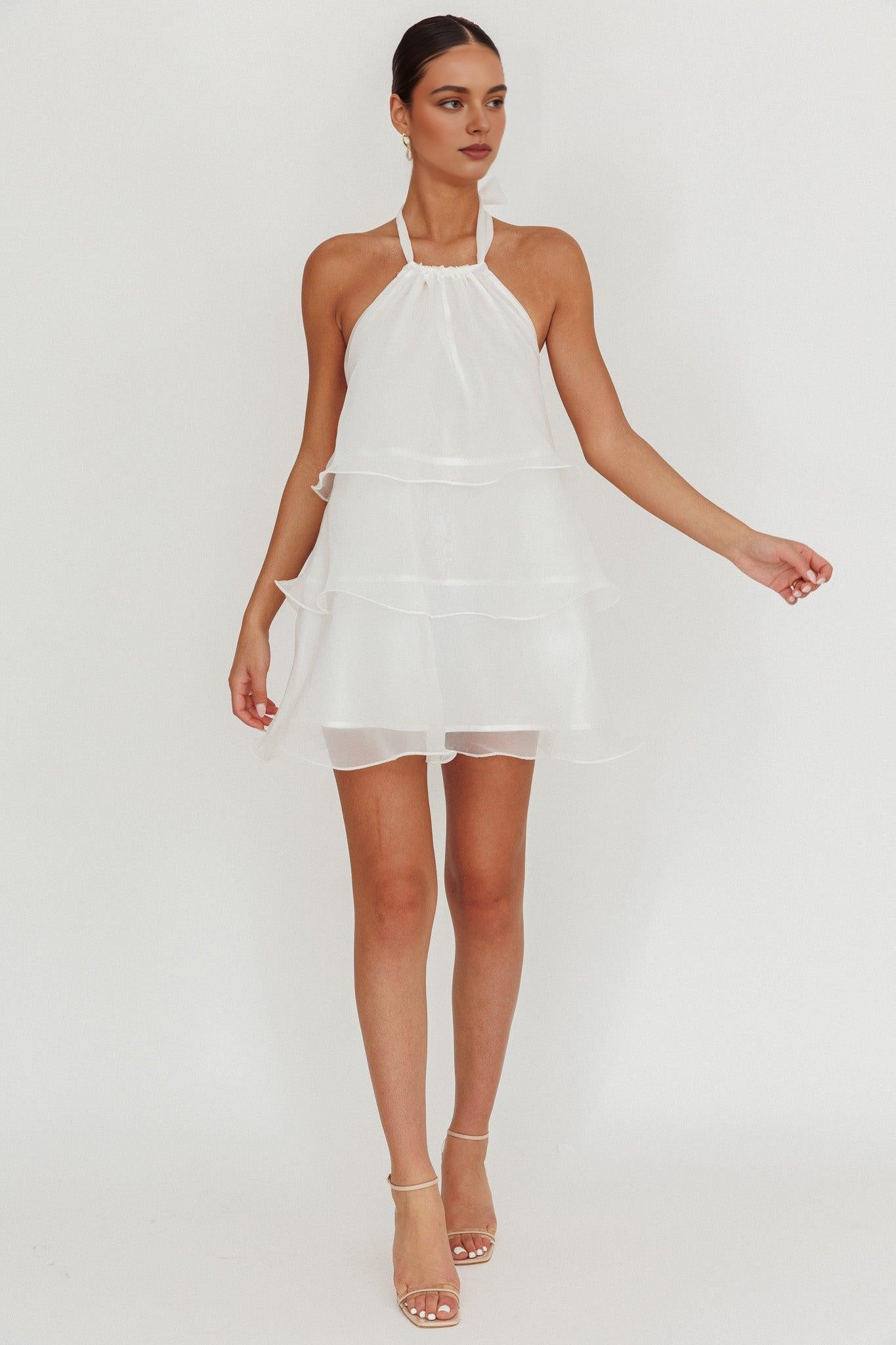 Weitese Dress Stunning Tiered Halterneck Mini Dress White Sleeveless Cold Shoulder Homecoming Dress