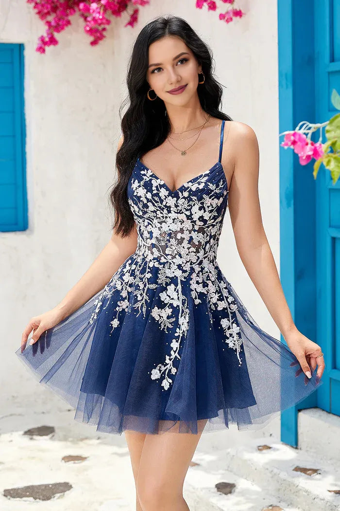 Weitese Dress Stylish A Line Navy Spaghetti Straps Short Homecoming Dress Sleeveless Criss Cross Back Applique Party Dress