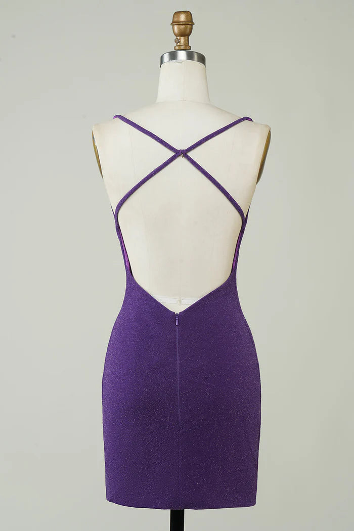 Weitese Dress Stylish Deep V Neck Purple Short Homecoming Dress Sleeveless Criss Cross Back Party Dress