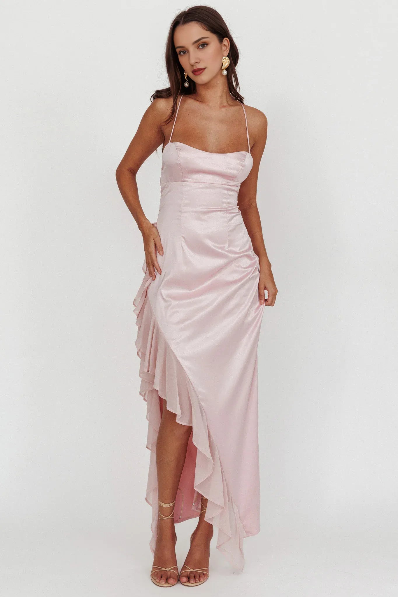 Weitese Dress Stylish Pale Pink Satin Maxi Dress Square Neck Spaghetti Strap Accent Asymmetric Ruffled Hem and Form Fitting Cut Prom Dress