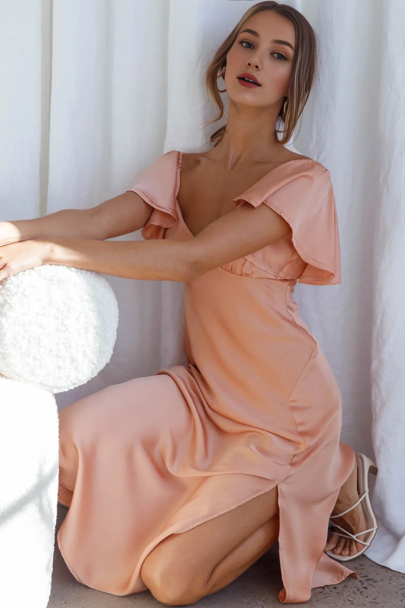 Weitese Dress Stylish Peach Satin Midi Dress Sweetheart Neck Flutter Sleeves And Side Slit Design Prom Dress