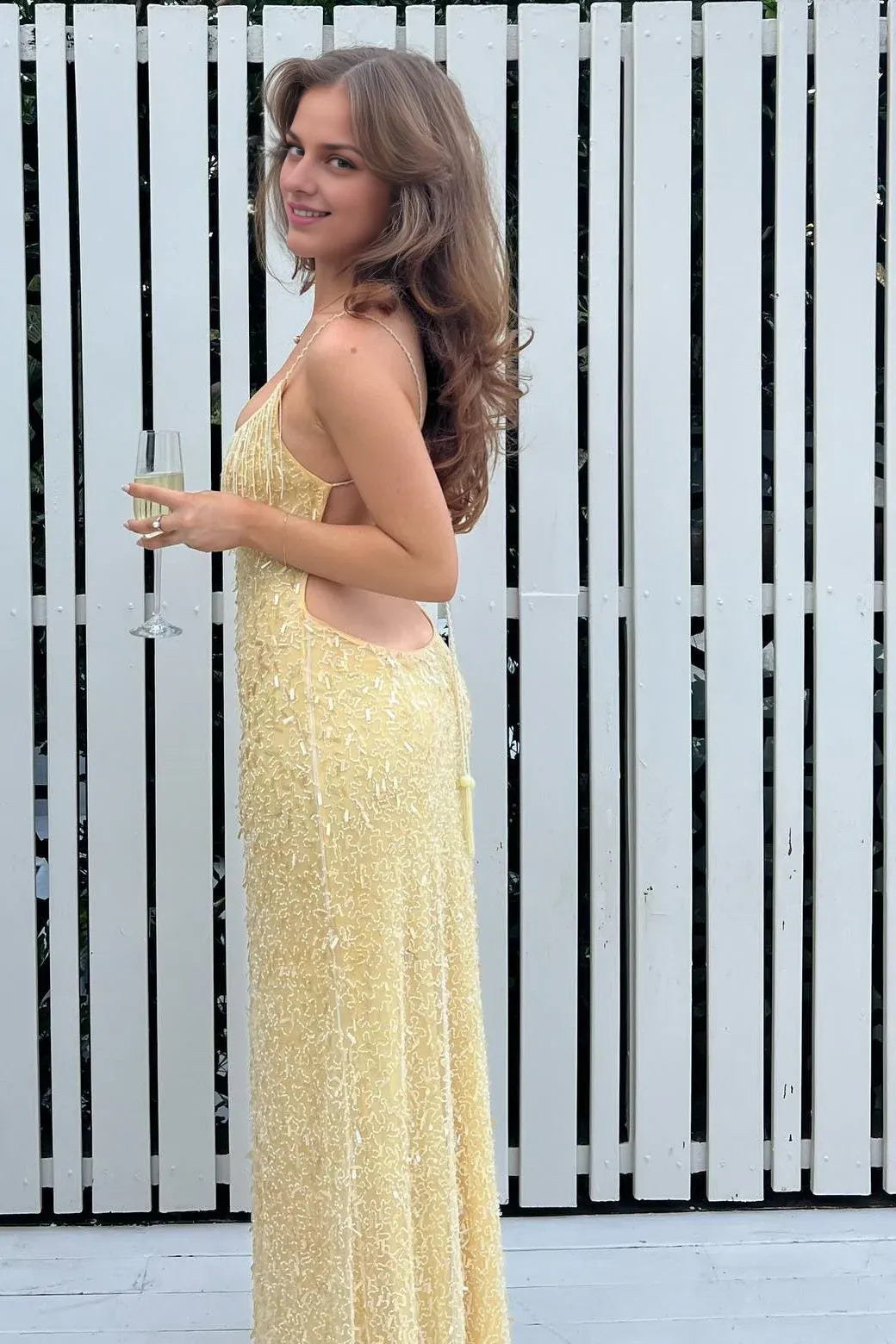 Weitese Dress Stylish Sheath Spaghetti Straps Yellow Sequins Long Party Dress Prom Dress