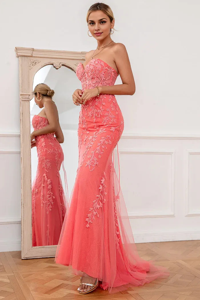 Vestido Weitese con cola larga y apliques coral de tul, vestido de noche con hombros descubiertos, vestido de fiesta