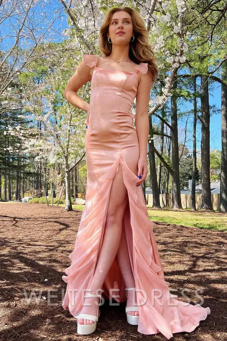 Weitese Dress Sweetheart Elegant Pink Square Neck Ruffle Chiffon Long Prom Dress with Slit
