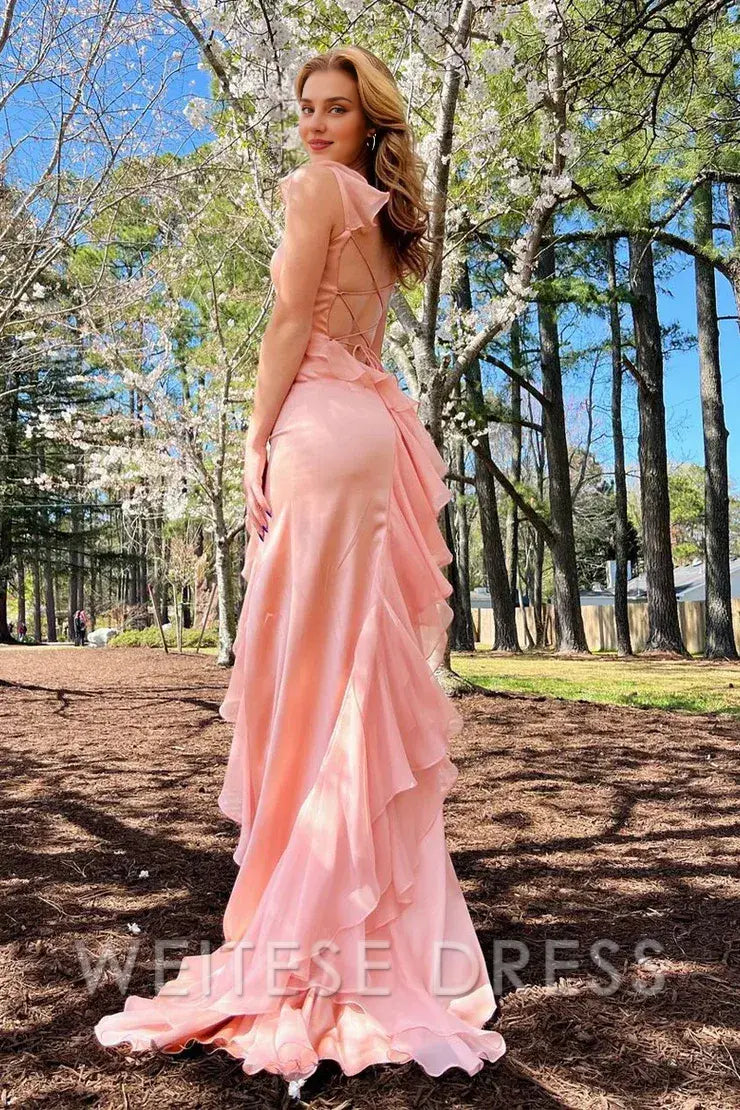 Weitese Dress Sweetheart Elegant Pink Square Neck Ruffle Chiffon Long Prom Dress with Slit