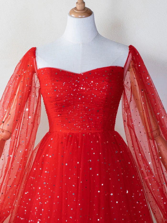 Weitese Dress Sweetheart Neck Starlit Homecoming Dress Tulle Puffy Sleeves Zipper Up Party Dress