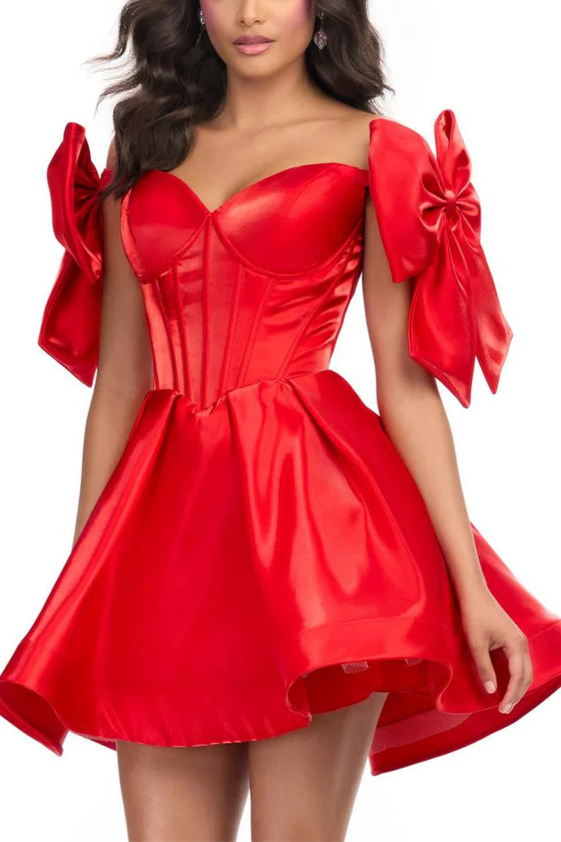 Weitese Dress Sweetheart Off-the-Shoulder Cocktail Dress Sleeveless Solid Color A-Line Princess Short Homecoming Dress