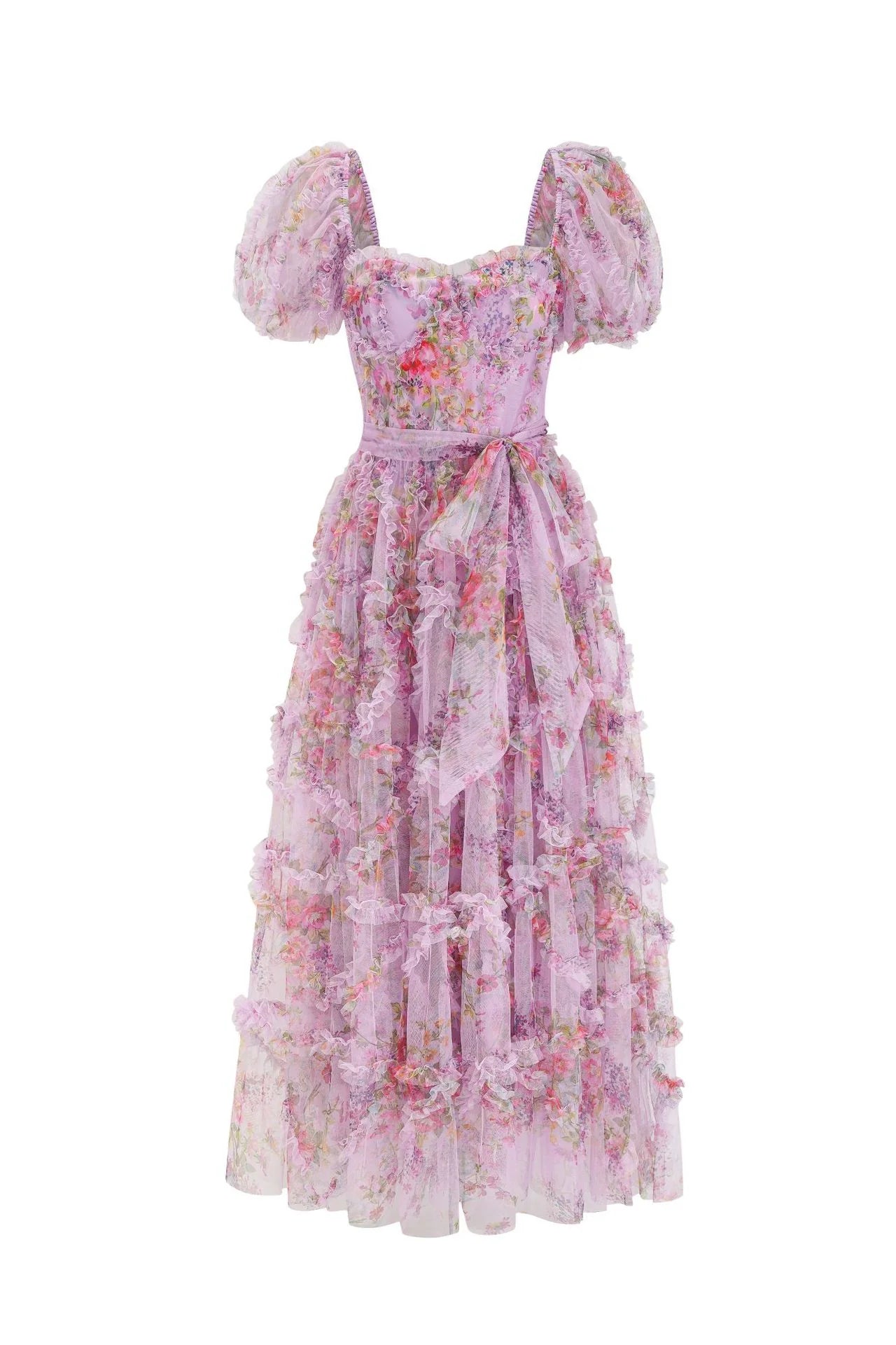 Robe longue à imprimé floral violet avec ceinture et décolleté en cœur 