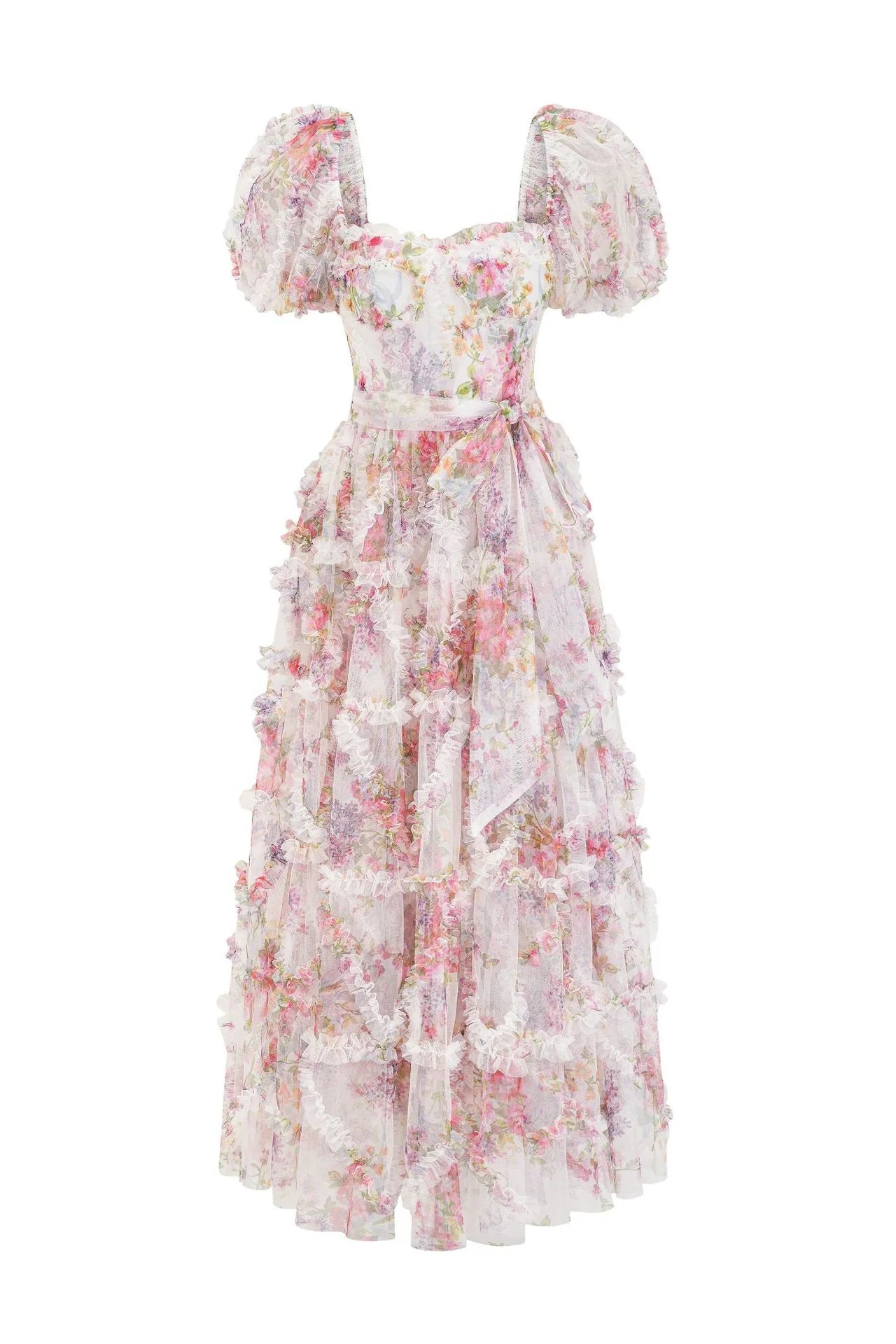 Robe longue à imprimé floral violet avec ceinture et décolleté en cœur 