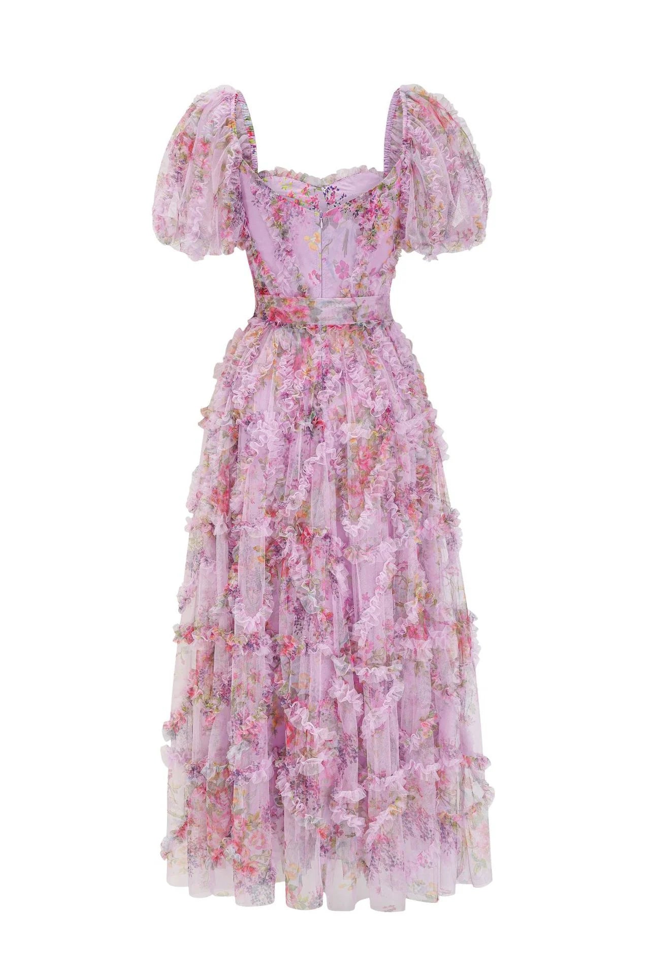 Robe longue à imprimé floral violet avec ceinture et décolleté en cœur 