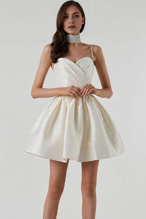 Weitese Dress Sweetheart Spaghetti Strap Pleated Satin A-Line Mini Homecoming Dress Sleeveless Party Dress