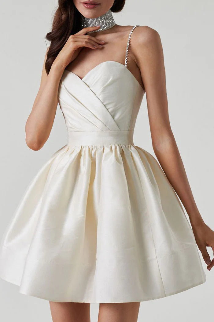 Weitese Dress Sweetheart Spaghetti Strap Pleated Satin A-Line Mini Homecoming Dress Sleeveless Party Dress