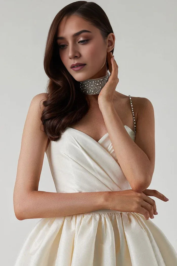 Weitese Dress Sweetheart Spaghetti Strap Pleated Satin A-Line Mini Homecoming Dress Sleeveless Party Dress