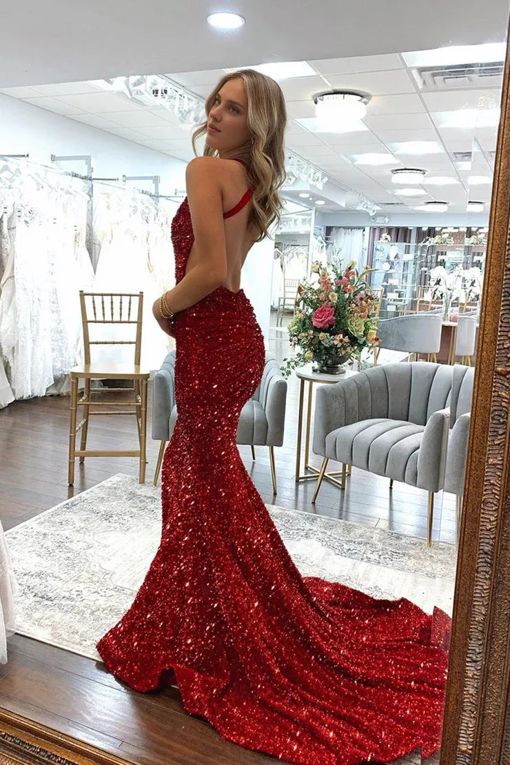 Weitese Dress Sweetheart Sparkly Mermaid V Neck Dark Red Sequins Long Prom Dresses