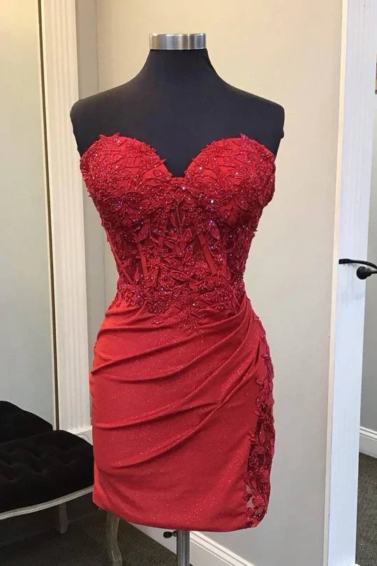 Weitese Dress Sweetheart Strapless Lace Applique Bodycon Mini Homecoming Dress