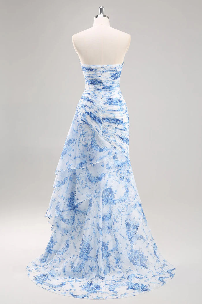 Weitese Dress Sweetheart Strapless Mermaid White Blue Floral Sleeveless Prom Dress With Zipper Up
