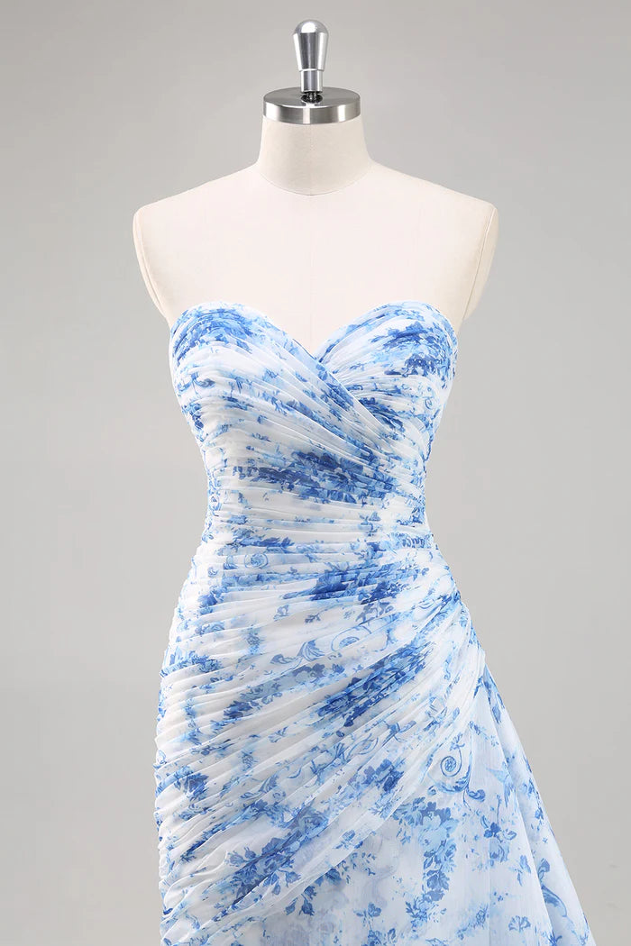 Weitese Dress Sweetheart Strapless Mermaid White Blue Floral Sleeveless Prom Dress With Zipper Up