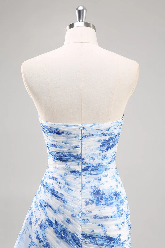 Weitese Dress Sweetheart Strapless Mermaid White Blue Floral Sleeveless Prom Dress With Zipper Up