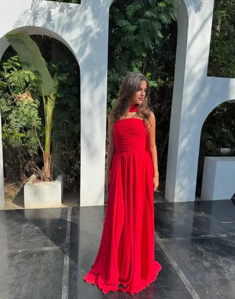 Vestido Weitese con escote corazón, sin tirantes, bonito vestido de fiesta largo de gasa roja sin tirantes, vestido formal de noche 