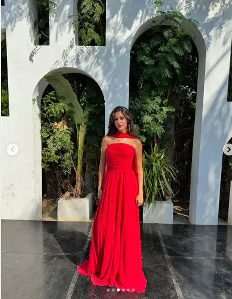Vestido Weitese con escote corazón, sin tirantes, bonito vestido de fiesta largo de gasa roja sin tirantes, vestido formal de noche 