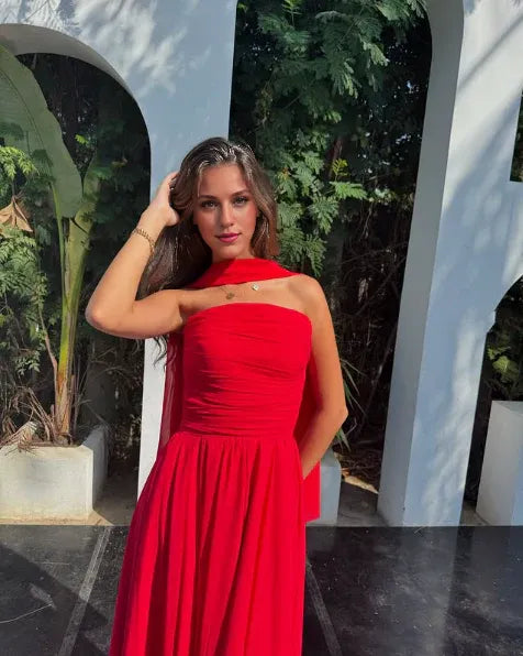 Vestido Weitese con escote corazón, sin tirantes, bonito vestido de fiesta largo de gasa roja sin tirantes, vestido formal de noche 