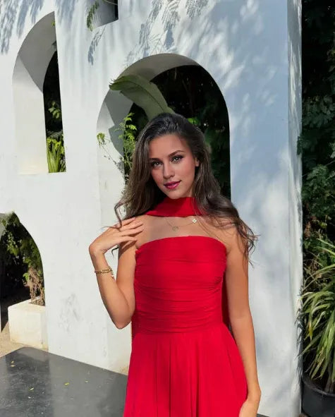 Vestido Weitese con escote corazón, sin tirantes, bonito vestido de fiesta largo de gasa roja sin tirantes, vestido formal de noche 