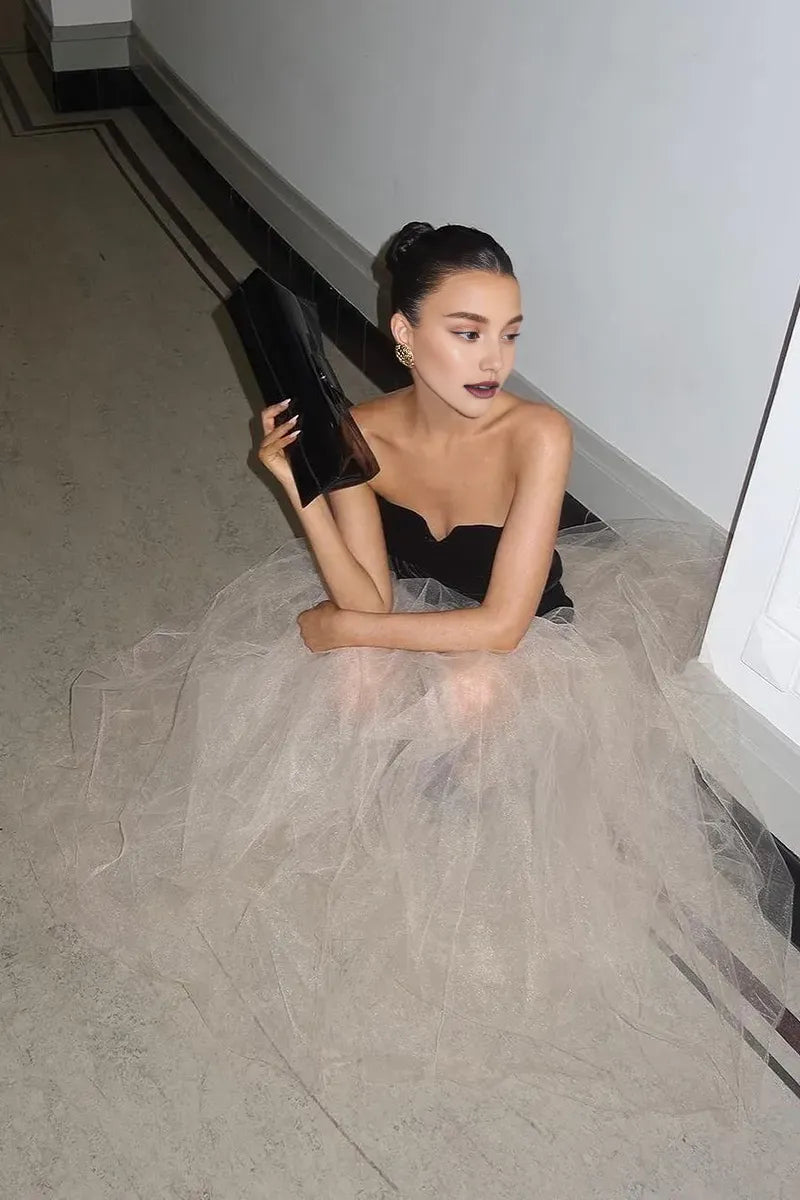 Weitese Dress Sweetheart Strapless Ruched Bodice Tulle Hem Patchwork Evening Gown Party Maxi Prom Dresses Black