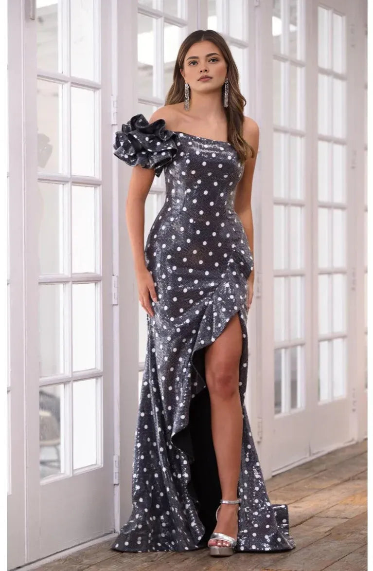 Robe Weitese Le charme rétro des pois Robe asymétrique à volants et fente Robe de bal 