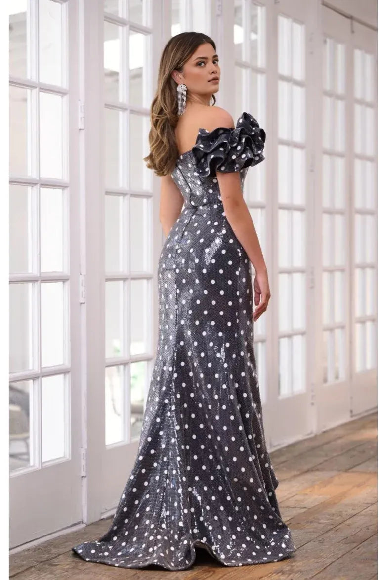 Robe Weitese Le charme rétro des pois Robe asymétrique à volants et fente Robe de bal 