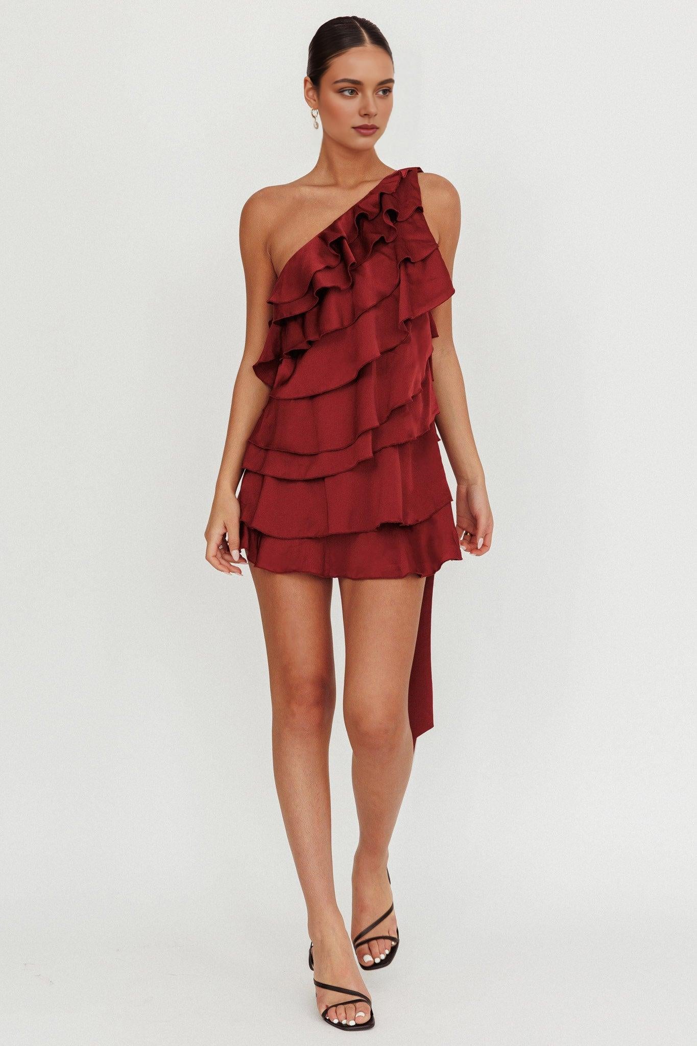 Weitese Dress Tiered Ruffle One Shoulder Mini Dress Wine Open back Homecoming Dress